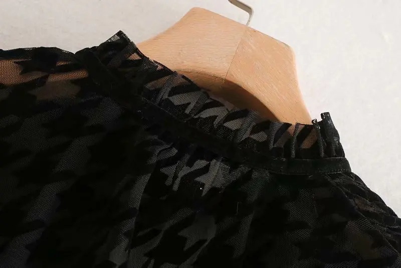 Кружевная сетчатая Прозрачная женская Стильная блузка с рюшами и длинным рукавом, повседневный черный топ, блузка с узором «гусиная лапка», элегантная рубашка, блузы