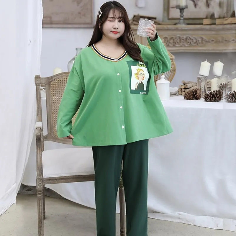

Women Pajamas Spring Fall Print Cotton Cartoon Pajamas PJ Suit Oversize 3XL 4XL Ladies Sleep Set Crew Neck Sleepwear Homewear