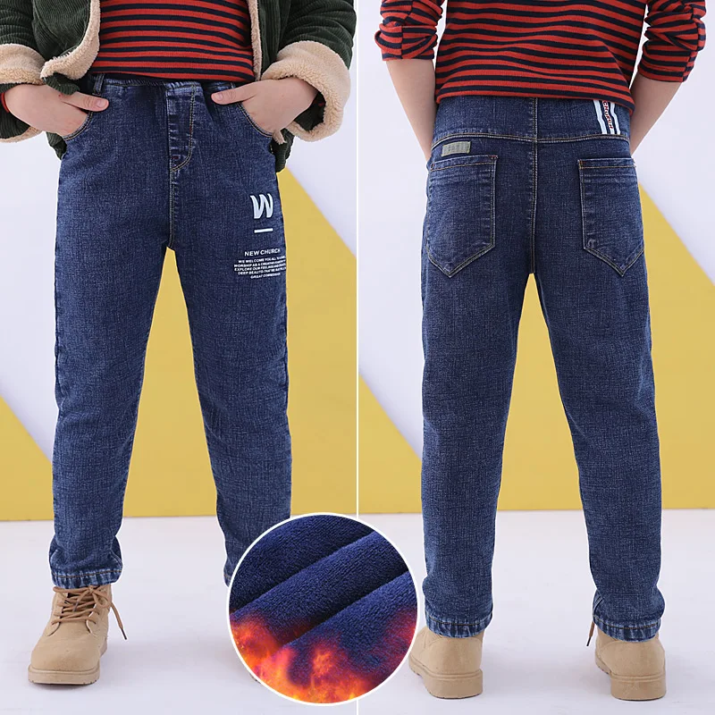 New Fashion Jeans for Boys Kids Autumn Winter Add Wool Blue Jeans Pants Elastic Waist Teenage Warm Trousers Big Kids Clothes 12Y