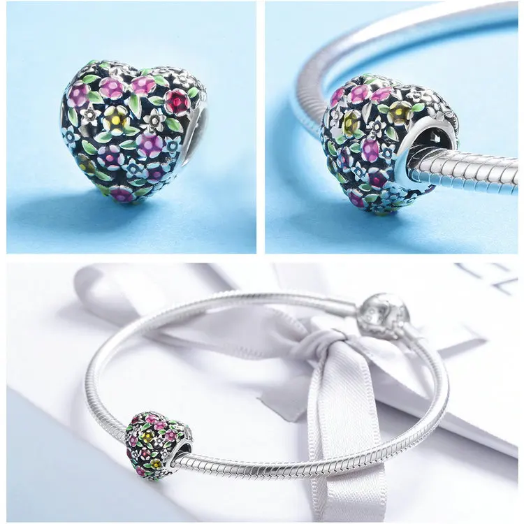 Fit Pandora браслет серебро 925 Оригинальное зеленое дерево птица вишневый цвет бусины в форме сердца цветок куст Titmouse Подвески DIY ювелирные изделия