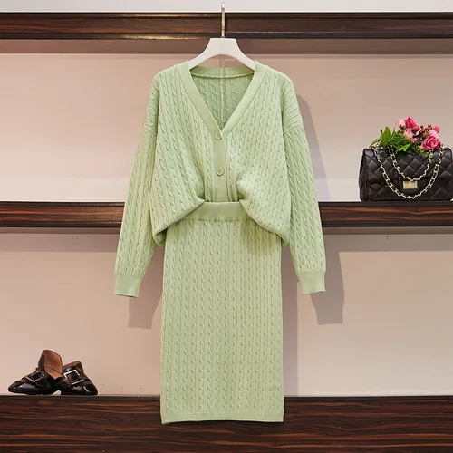 

Autumn Winter Women New Popular V-neck Avocado Green Knit Cardigan Coat + Female Loose Twist Knitted Knit Cardigan Skirt Dr779