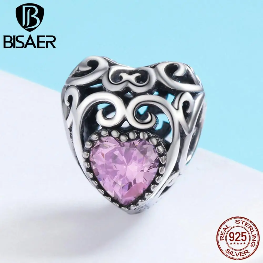 BISAER, 925 пробы, серебро, камень по месяцу рождения, перлы, Сияющие капли, Розовый CZ Кристалл, бусины, шарм, подходит для серебра 925, браслет, изготовление ювелирных изделий