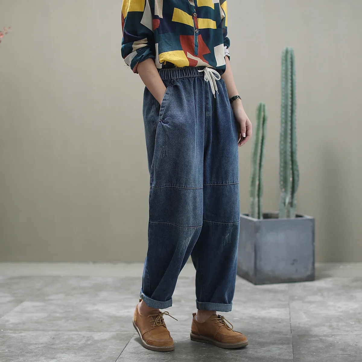 

Loose All-match Harem pants Dark blue color patchwork Ankle-Lenght patns 2020 Spring Elastic Waist boyfriend jeans for women Z2