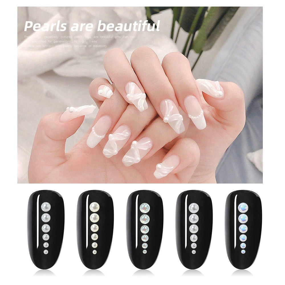 HNUIX Mix Sizes White Nail Art Tips Half Pearls 3d Nail Beads Rhinestone Decoration DIY Beauty Salon Manicure Supply