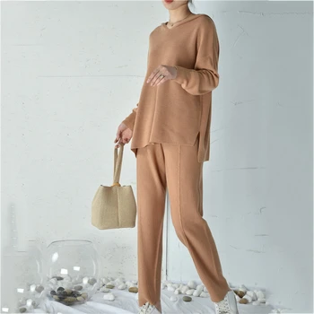 

DEAT Leisure Temperament Full Sleeve V Neck Pullover Knitted Hoodies Solid Long Length Pants Two Piece Set 2020 spring New TD641