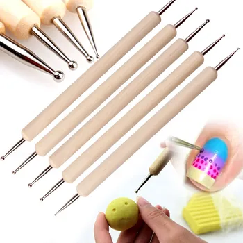 

5PCS Stainless Steel Stylus Dispensing Tool Set Pattern Carving Mud Shaping Tool Wooden Handle Creasing Pen Nail Embossing Tool