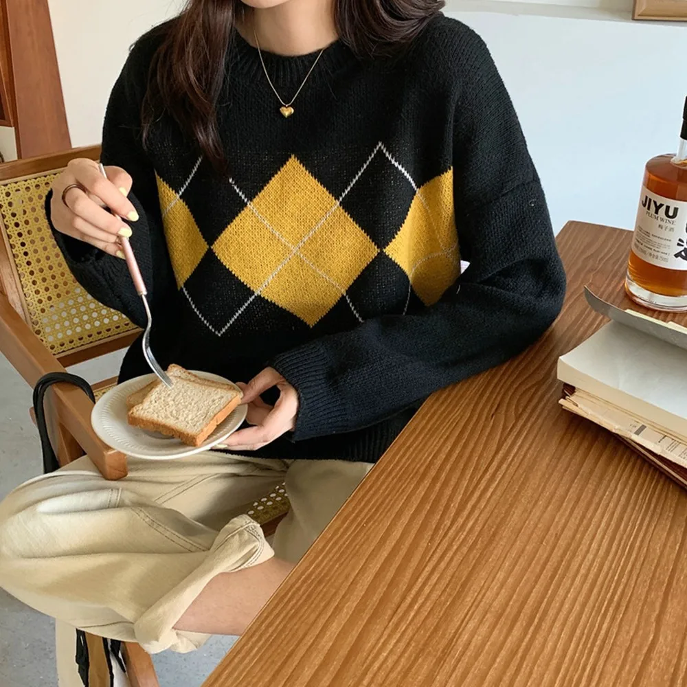 Women Korean Autumn Winter Long Sleeve O-neck Classic Argyle Sweater Knitted Warm Casual Pullovers Back To The Basics Jumper Top long sweater