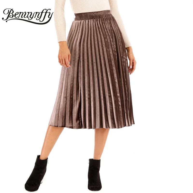 Benuynffy осень зима однотонные Элегантные Бархатные плиссированные юбки женские модные на высокой талии женские повседневные Черные миди юбки