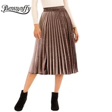 Benuynffy осень зима однотонные Элегантные Бархатные плиссированные юбки женские модные на высокой талии женские повседневные Черные миди юбки