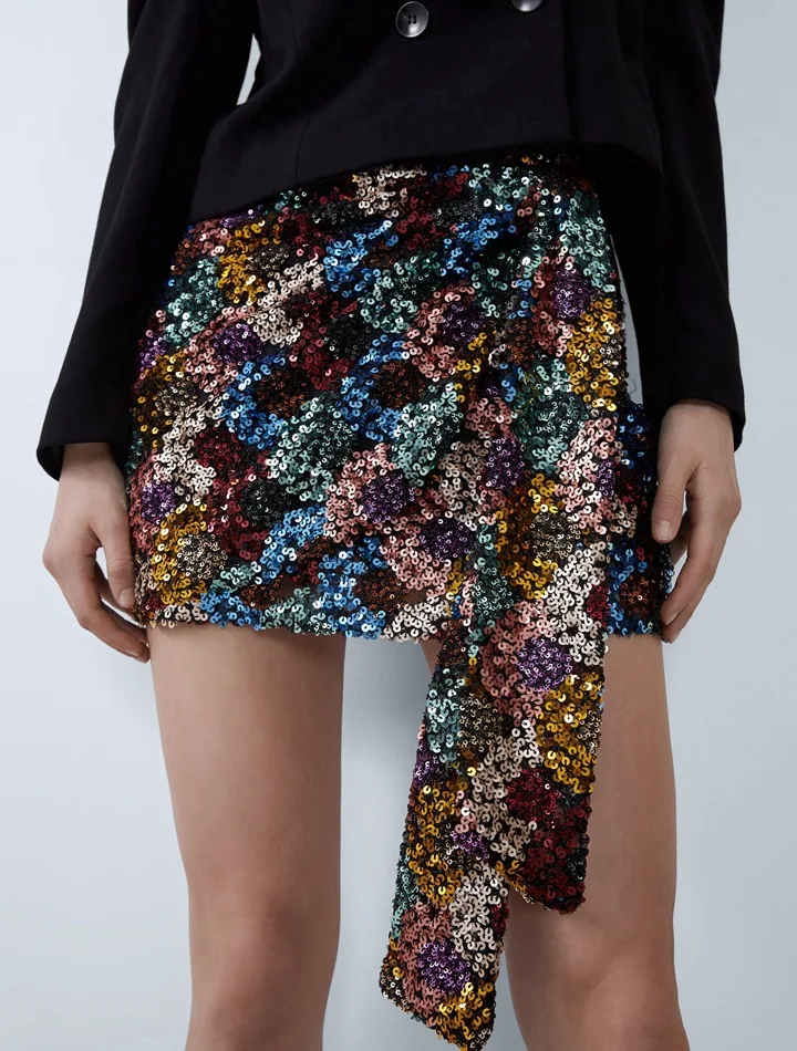 Female Chic Draped Mini Skirt Sexy Ladies Wrap Club Bottoms Luxurious Birthday Club Party Bodycon Glitter Sequin Skirts A-Line