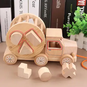 

Wooden Pull Along Car Geometric Shape Matching Building Block Education Kids Toy