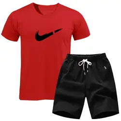 Футболка + шорты с эластичной резинкой на талии, мужские с буквенным принтом, летние костюмы, повседневная мужская футболка, спортивные