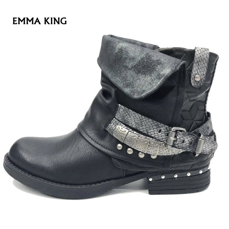 

Cowboy Boots For Women Low Heel Retro Ankle Boots Zapatos Mujer 2019 Leather Boots Women Rivets Belt Buckle Winter Shoes Women