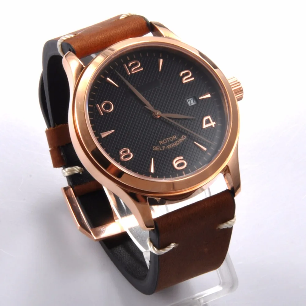 

Corgeut 42mm luxury top brand Sapphire crystal calendar dial leather gold case Automatic Mechanical men Wristwatches
