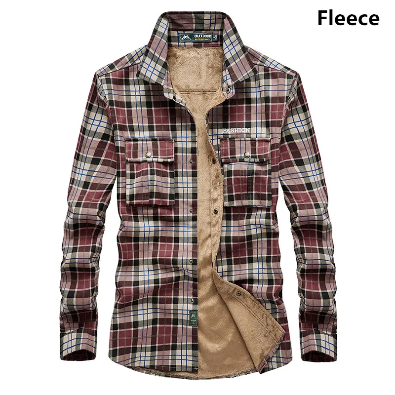red fleece Фланелевые теплые рубашки в клетку для мужчин; сезон осень-зима; повседневные тонкие рубашки с длинными рукавами; Camisas Hombre; хлопок; мужские плотные флисовые рубашки - Цвет: red fleece