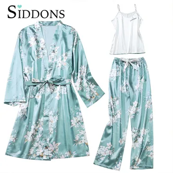 

Siddons Woman New Spring Pajamas Set Sling 3 Pieces Satin Faux Silk Autumn Summer Printing Casual Sleepwear Women home wear
