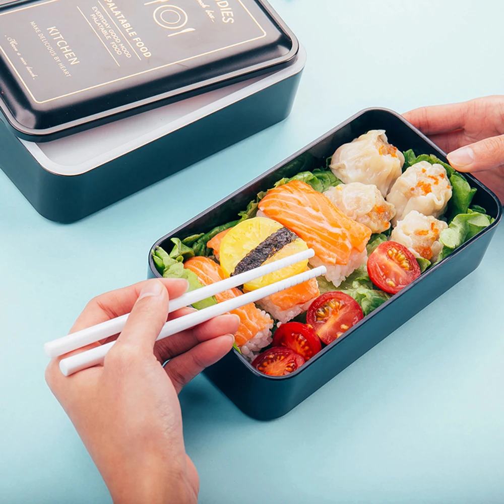 Ланч-бокс двухслойный портативный черный Bento box экологичный контейнер для еды с отсеками столовые приборы герметичные