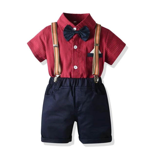 Conjunto de roupa infantil de aniversário, vestimenta formal para meninos  com laço, camisa listrada e short, para graduação - AliExpress