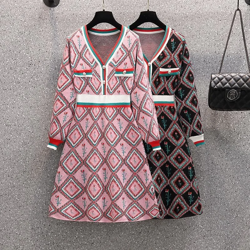 Plus Size Sweater Dresses Autumn Winter Flower Print Long Sleeve High Waist A-line Vestidos 3xl Design Elegant Knitted Dress Big | Женская