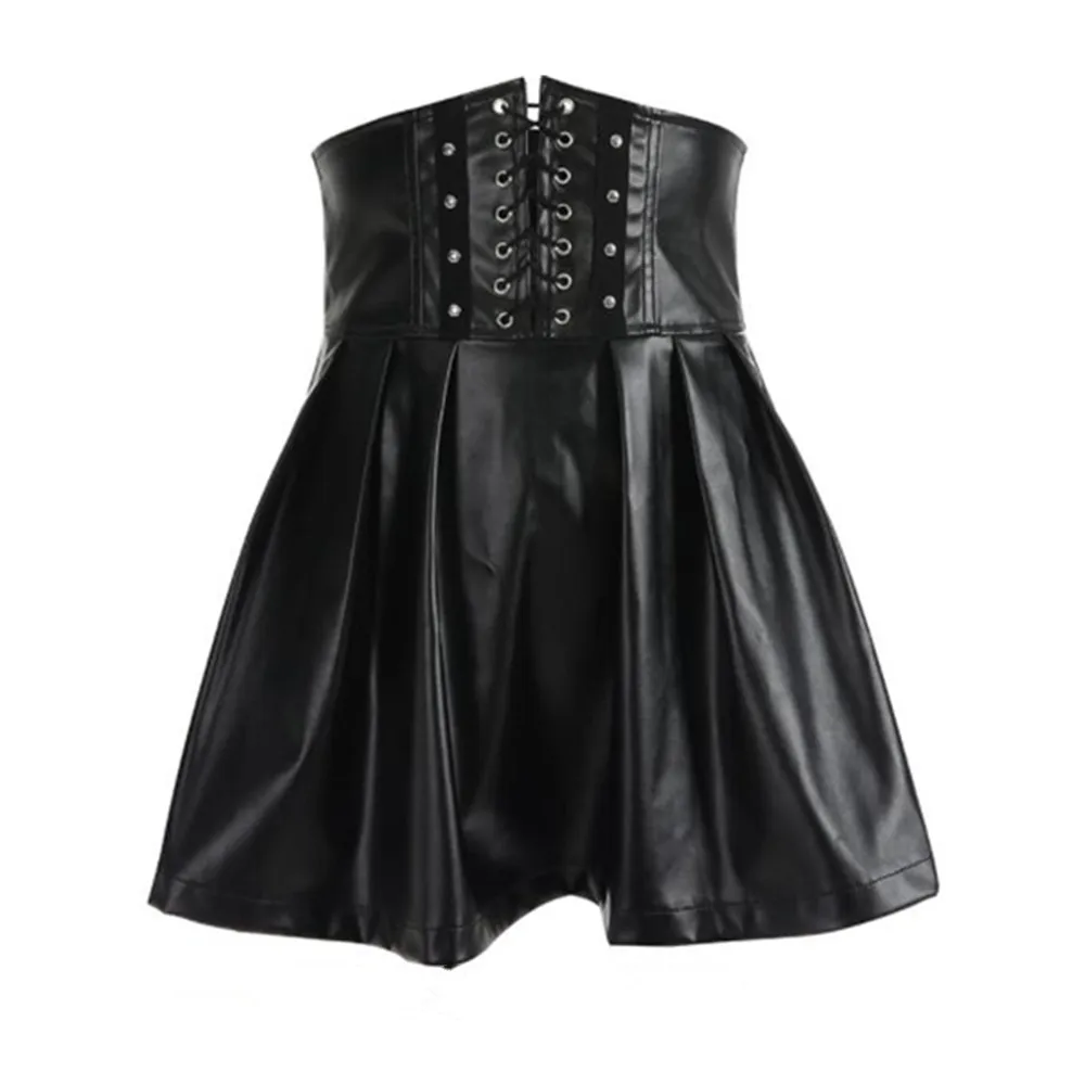 Women's Gothic Pleated Lace-up Zipper Skirts Faux Leather Punk Mini Skirt Dress