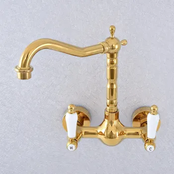 

Polished Gold Color Brass Wall Mounted Double Ceramic Handles Bathroom Kitchen Sink Faucet Mixer Tap Swivel Spout asf610