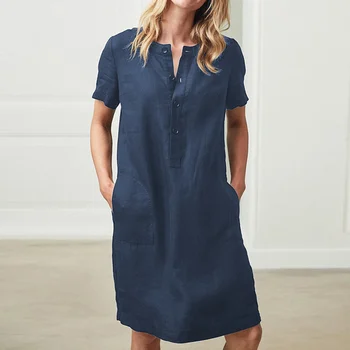 

2020 Spring Summer dress Women Short Sleeve Pocket Midi Dress Button Solid Plus Size 5XL Dresses