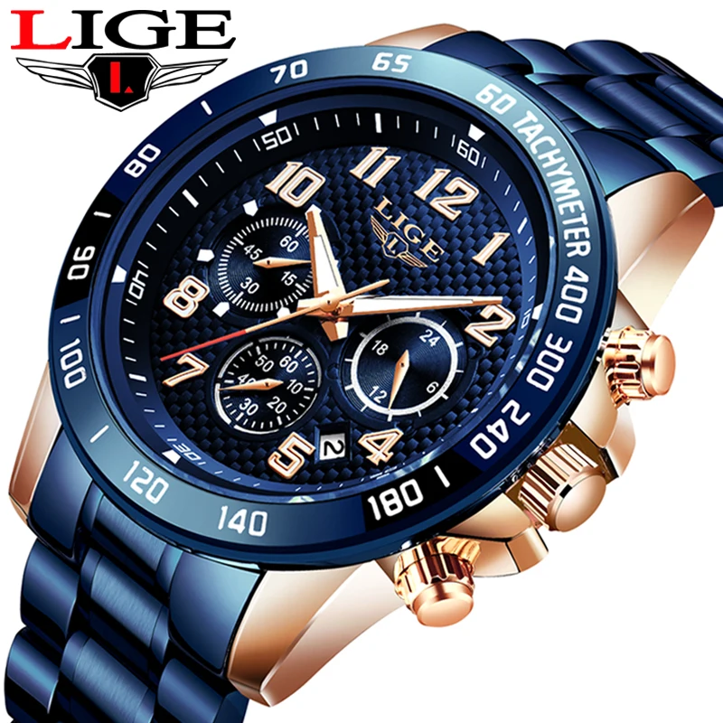Часы наручные LIGE мужские с хронографом повседневные спортивные брендовые