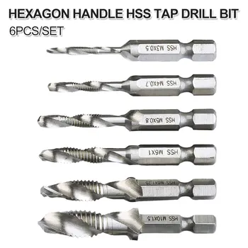 

M3 M4 M5 M6 M8 M10 6pcs Screw Tap Drill Bit HSS Taps Counter Sink Deburr Set Metric Combination Bit 1/4 Hex for Soft Metal /Iron