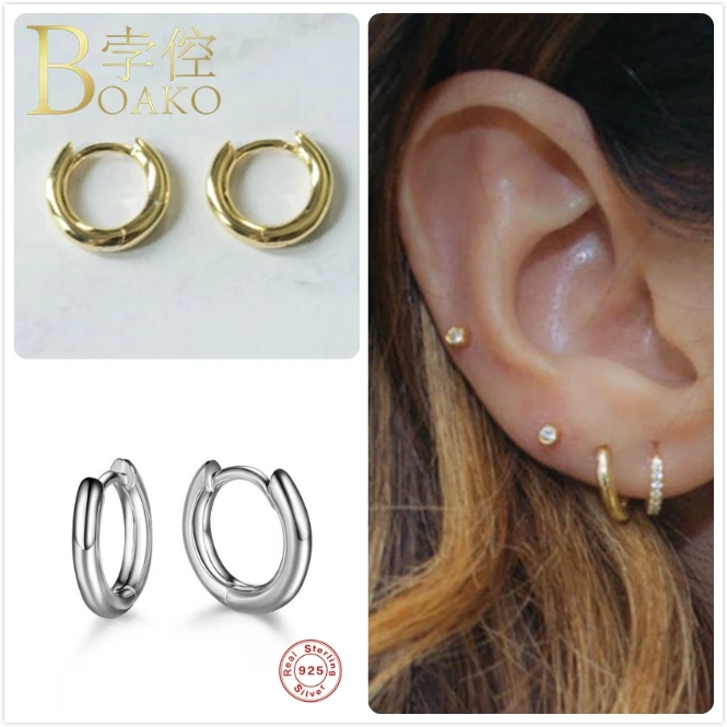 Real 925 Silver Earrings For Women Gold Small Hoop Girl Gift Ear Bone Piercing Earring Punk Female Geometric aretes Z5 | Украшения и