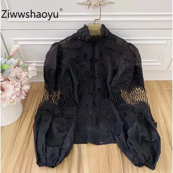 

Ziwwshaoyu Sexy Hollow Out Embroidery Lantern Sleeve Fishing Net Bow Black Vintage Blouse Shirt Tops Women's