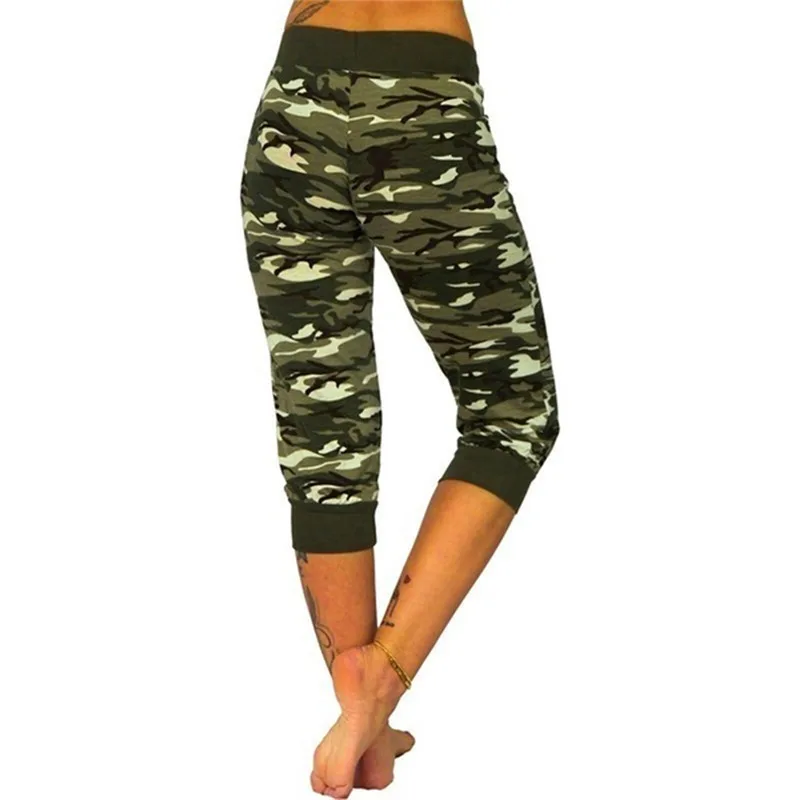 Women's High Waist Camouflage Printed Capri Leggings Ladies Elastic Stretch Drawstring Fitness Slim Yoga Sports Cropped Pants