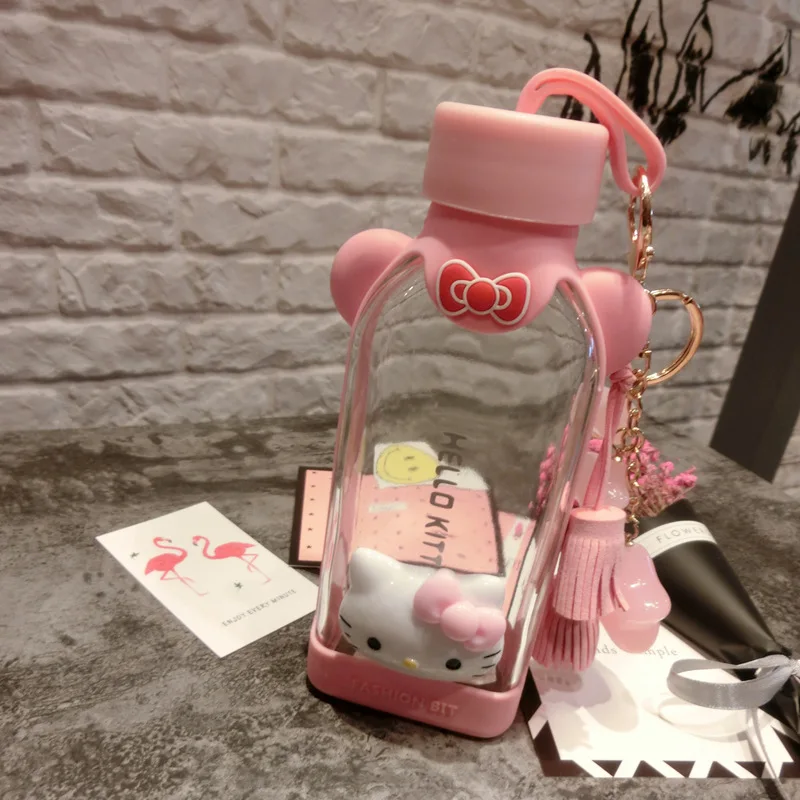 350 мл мультфильм hello kitty плоская бутылка для воды картон стеклянная бутылка для воды с крышкой анти-скальдинг силиконовый рукав бутылка для чая экологичная