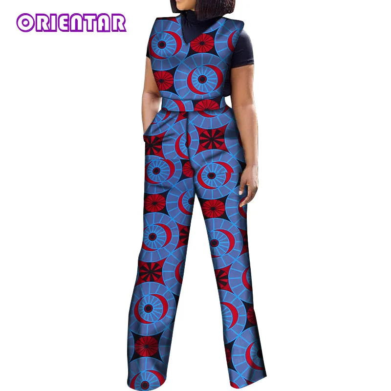 African Jumpsuits for Women V-Neck Sleeveless Autumn Fashion Romper Wide Leg Pants African Batik Wax Print Jumpsuits WY5458