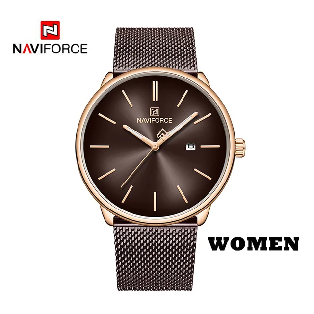 coffee WOMEN Роскошные часы для влюбленных NAVIFORCE для мужчин и женщин, простые повседневные кварцевые наручные часы, водонепроницаемые часы с датой, часы для пары, подарок - Цвет: coffee WOMEN