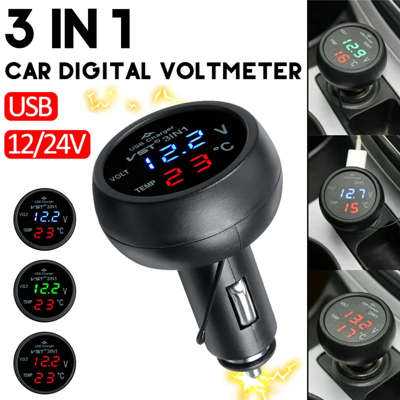 

3 in 1 Car Digital LED Voltmeter Temperature Meter Voltmeter Cigarette Lighter Digital Auto USB 5V/ 2.1A Charger 12V/24V 3 Types