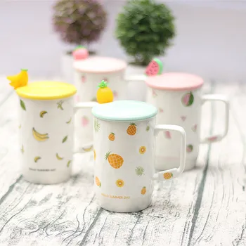 

Unique Strawberry banana Ceramic Coffee mug with spoon lid,Milk Juice Lemon Mug Office coffee cup,Ceramic Tea Cup