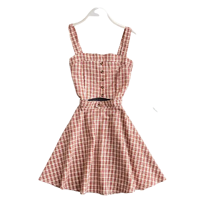 夏の女性のスーツ韓国のレトロな正方形の襟チェック柄サスペンダーショートトップ ハイウエストスカートセット新スリム女性セットde087 Dress Suits Aliexpress