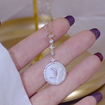Korean Simple EXquisite Moon Micro Inlaid CZ Necklace for Women Temperament Shell Clavical Chain Kolye Anniversary Jewelry Gift