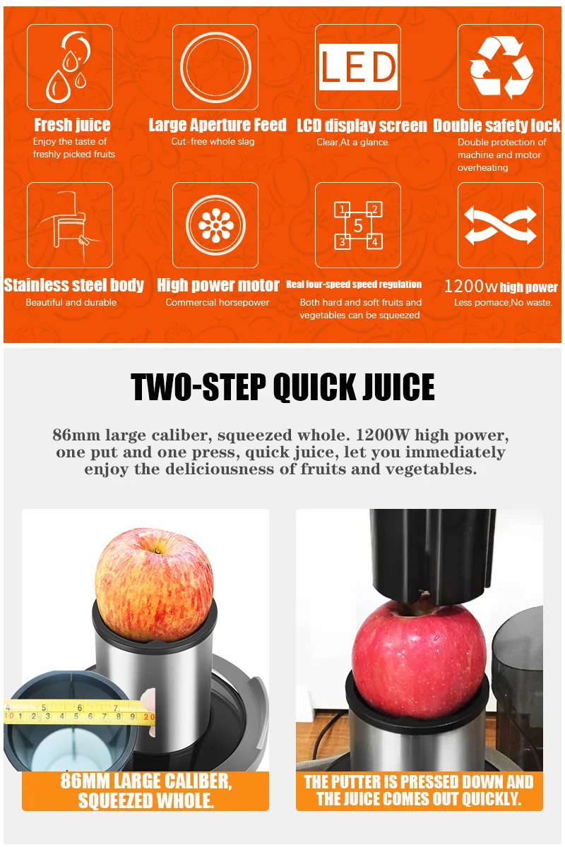 Stainless Steel Juicer Machine 1200W Whole Fruit Vegetable Centrifugal
