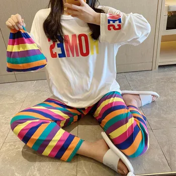 

Female Home Wear Autumn Clothes Pullover Top 2 pcs Nightwear Suit Ladies Pajamas Women's Autumn Sleepwear USA Stock 2-7 Days