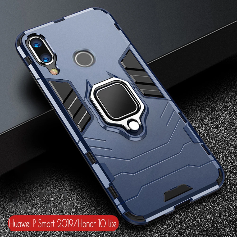 For Honor 10 Lite Case Armor PC Cover Finger Ring Holder Phone Case On For Huawei P Smart 2019 Cover Durable Reinforced Bumper