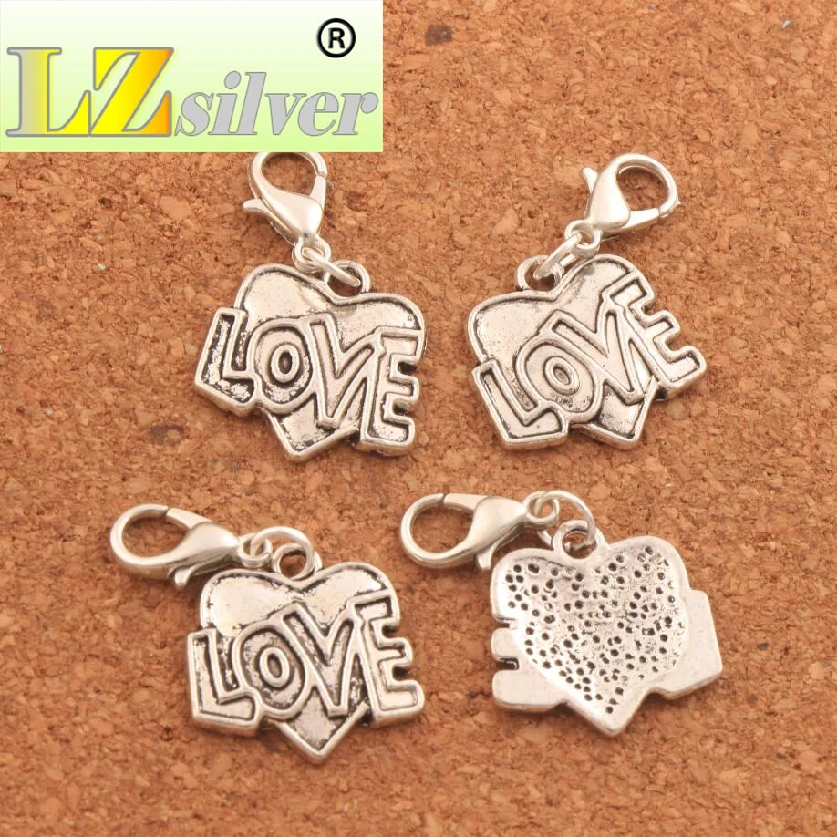 100PCS Love Letter Heart Lobster Claw Clasp Charm Beads 17.5x31.1mm Jewelry DIY C931 LZsilver