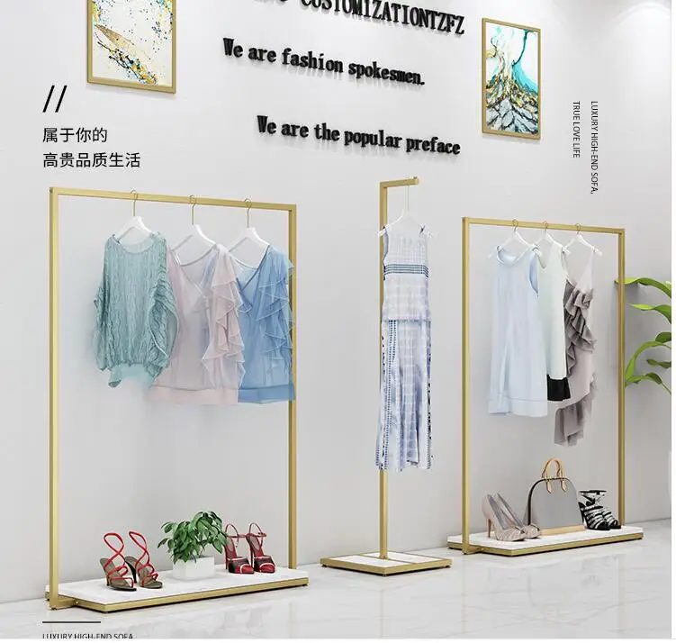

Solid wood nano gold clothing store display stand floor type side hanging upright combination women's clothes hanging clothes ra