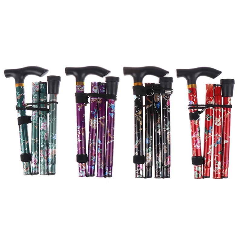 Folding Walking Stick Sturdy Printed Travel Fivesection Patterned Non