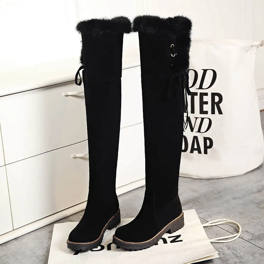 BONJOMARISA New 34-43 Elegant Fur Decorating Boots Ladies Thigh High Boots Women Med Heels Shoes Woman Over The Knee Boots