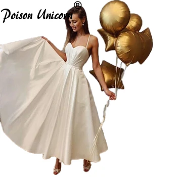 

Simple Beach White Spaghetti Straps Sleeveless A-Line Wedding Dresses Satin Off The Shoulder Sweetheart Neck Pleat Bridal Gowns