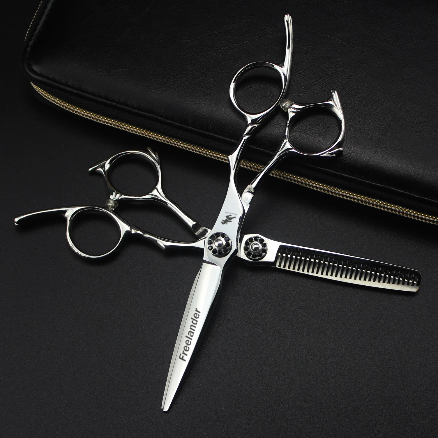 

6.0-Inch FYM Black And White with Pattern Gemstone Screw Top Grade Hairdressing Scissors Thinning Shear