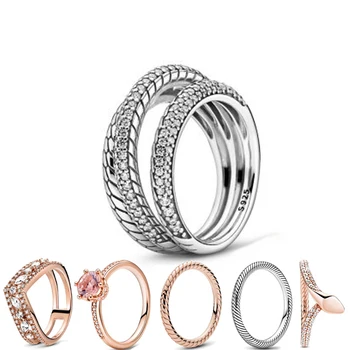 

Authentic 925 Sterling Silver Sparkling Triple Band Pavé Snake Chain Pattern Ring for Women Engagement Jewelry Anniversary