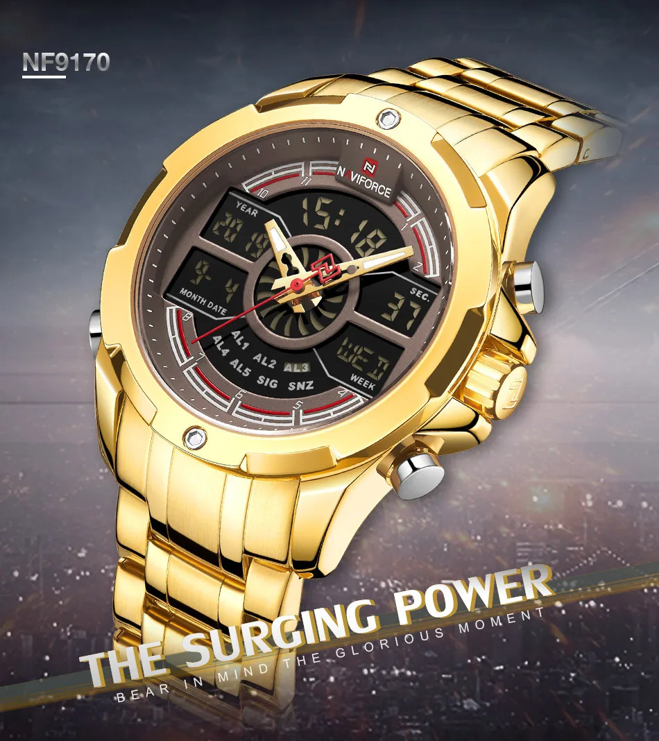 NAVIFORCE Sport Men Watches Fashion Digital Quartz Wrist Watch Steel Waterproof Dual Display Date Clock Gold Relogio Masculino