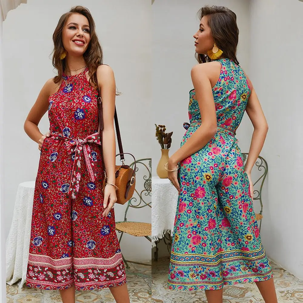 Женский комбинезон, женский комбинезон, пляжный, летний, шифон, Halterneck, Boho, модные, вечерние, без рукавов, цветочный принт, на каждый день